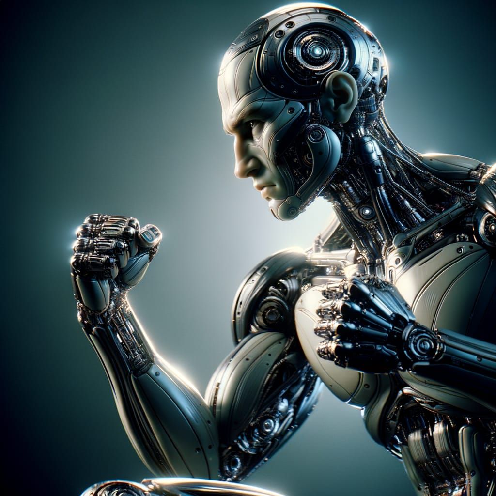 Cyborg Warrior in High-Contrast Battle Stance