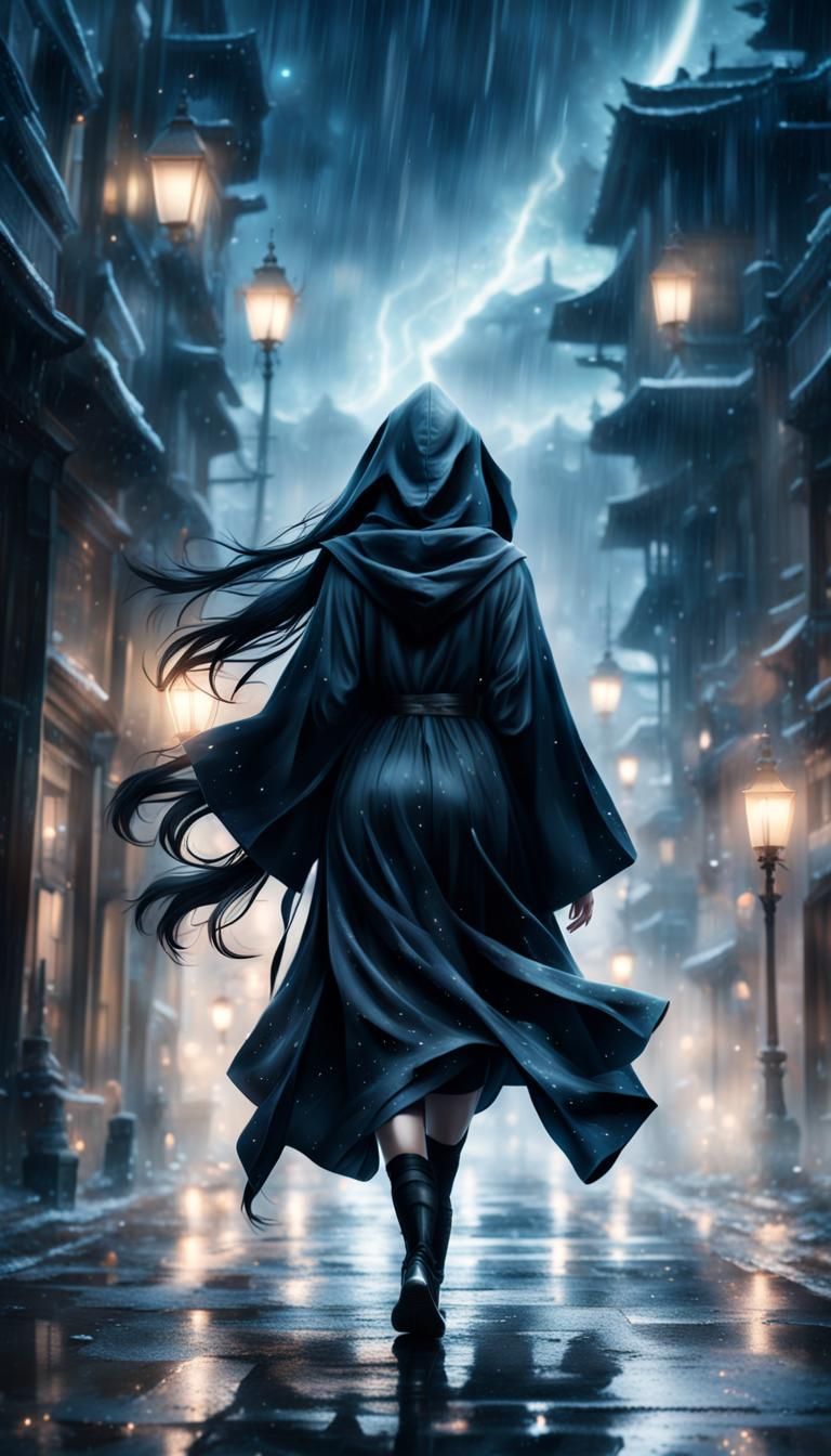 Assassin Girl Running Under Galaxy in the Rain