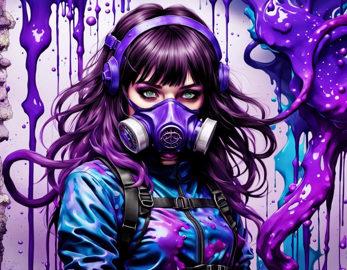 Brunette in Violet Bondage and Gas Mask