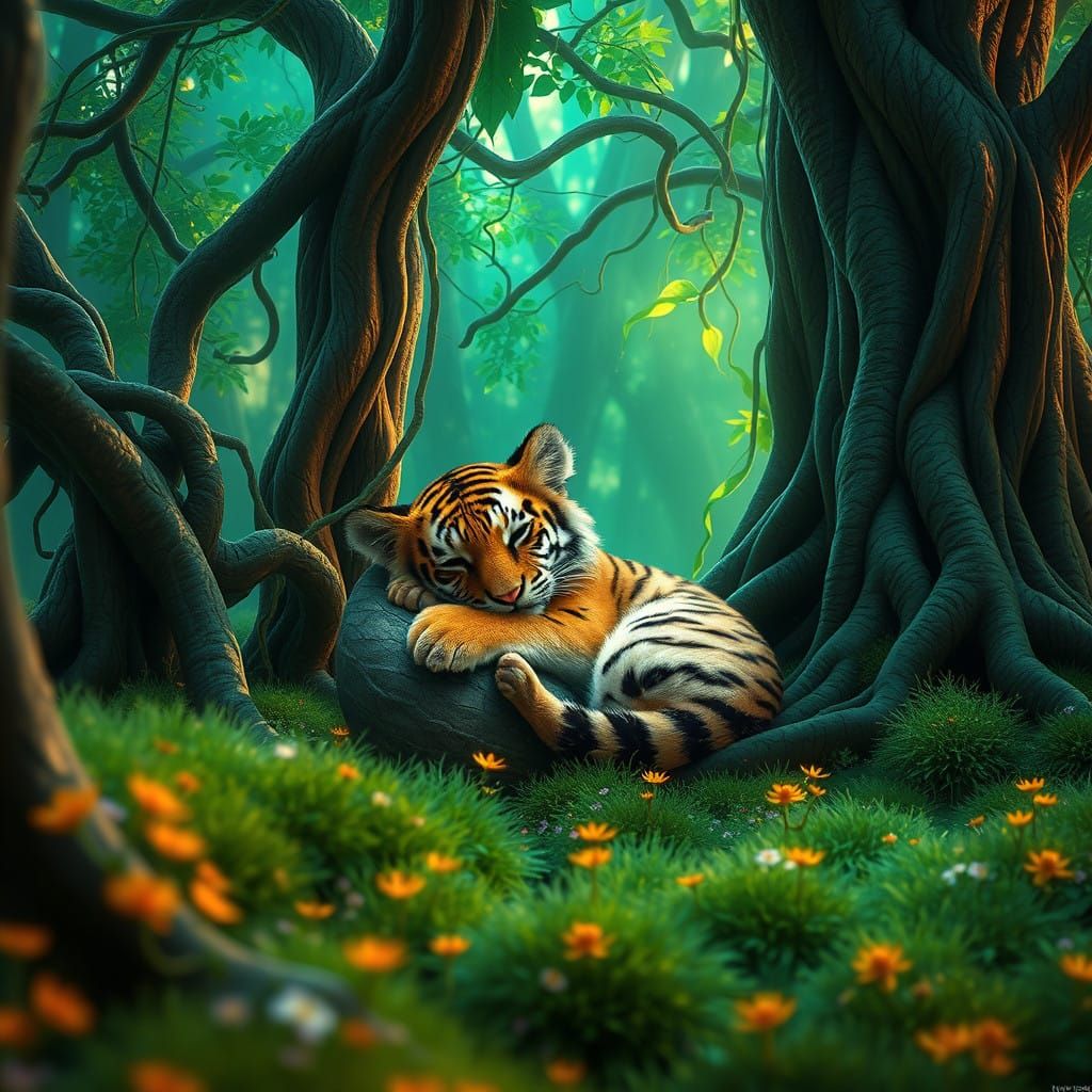 Peaceful Tiger Cub in Mystical Forest Scene