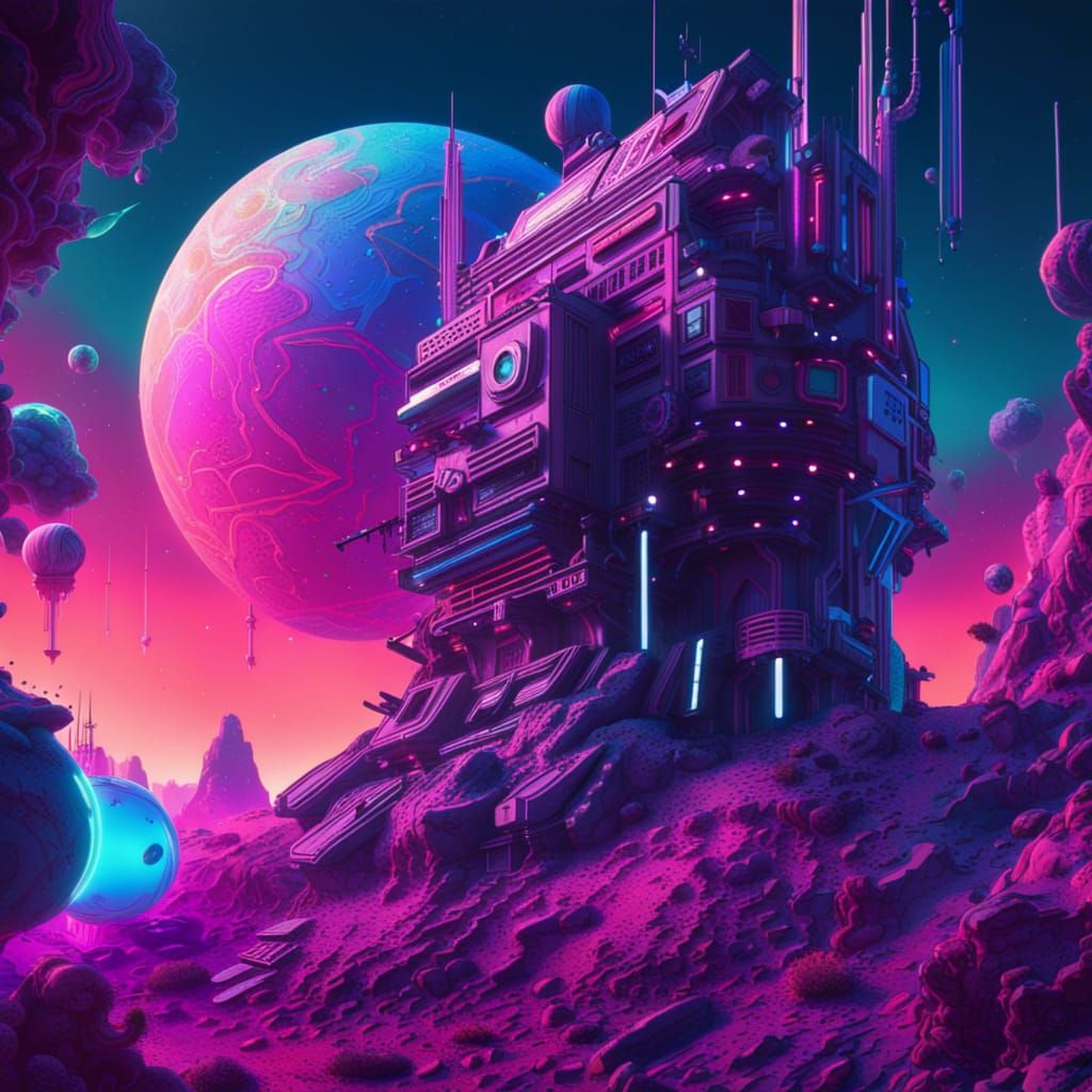 Vaporwave Vinyl Record in Retrofuturistic Outer Space