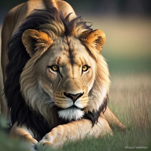 Lion Portrait in Olive Grass, Wildlife Photography