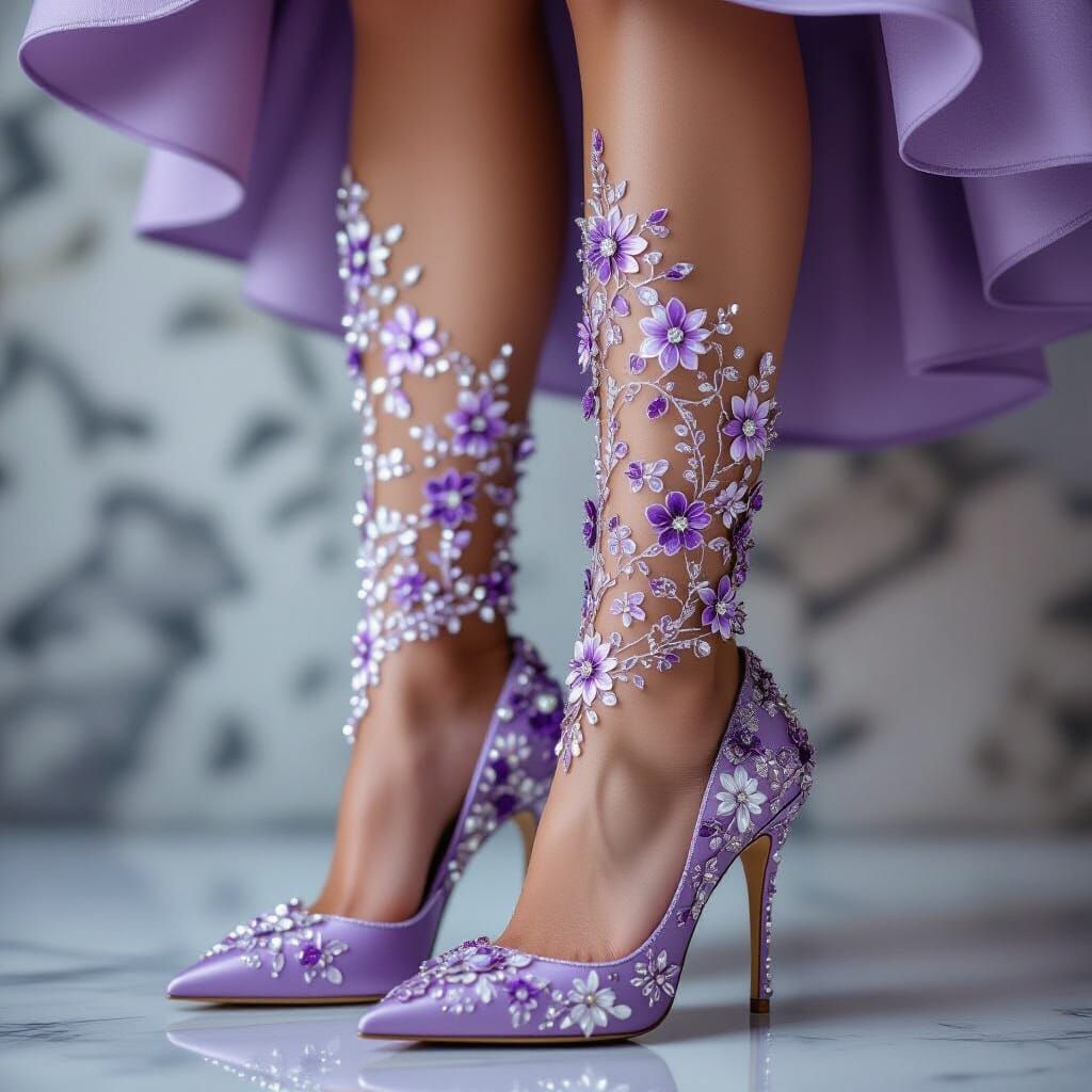 Elegant Purple Beaded High Heels in Fashion Photography Styl...
