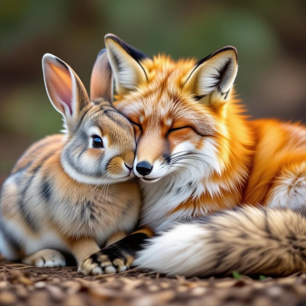Rabbit and Fox Cuddle in Gentle Embrace