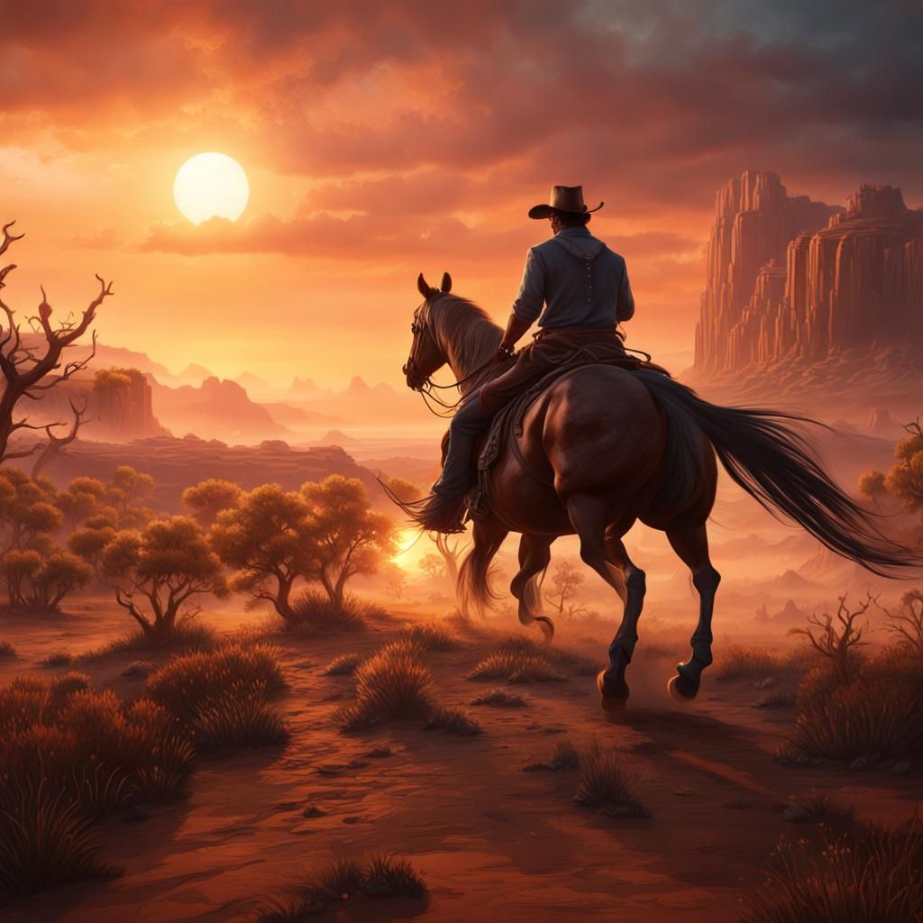 Cowboy Sunset Ride: Detailed Matte Painting