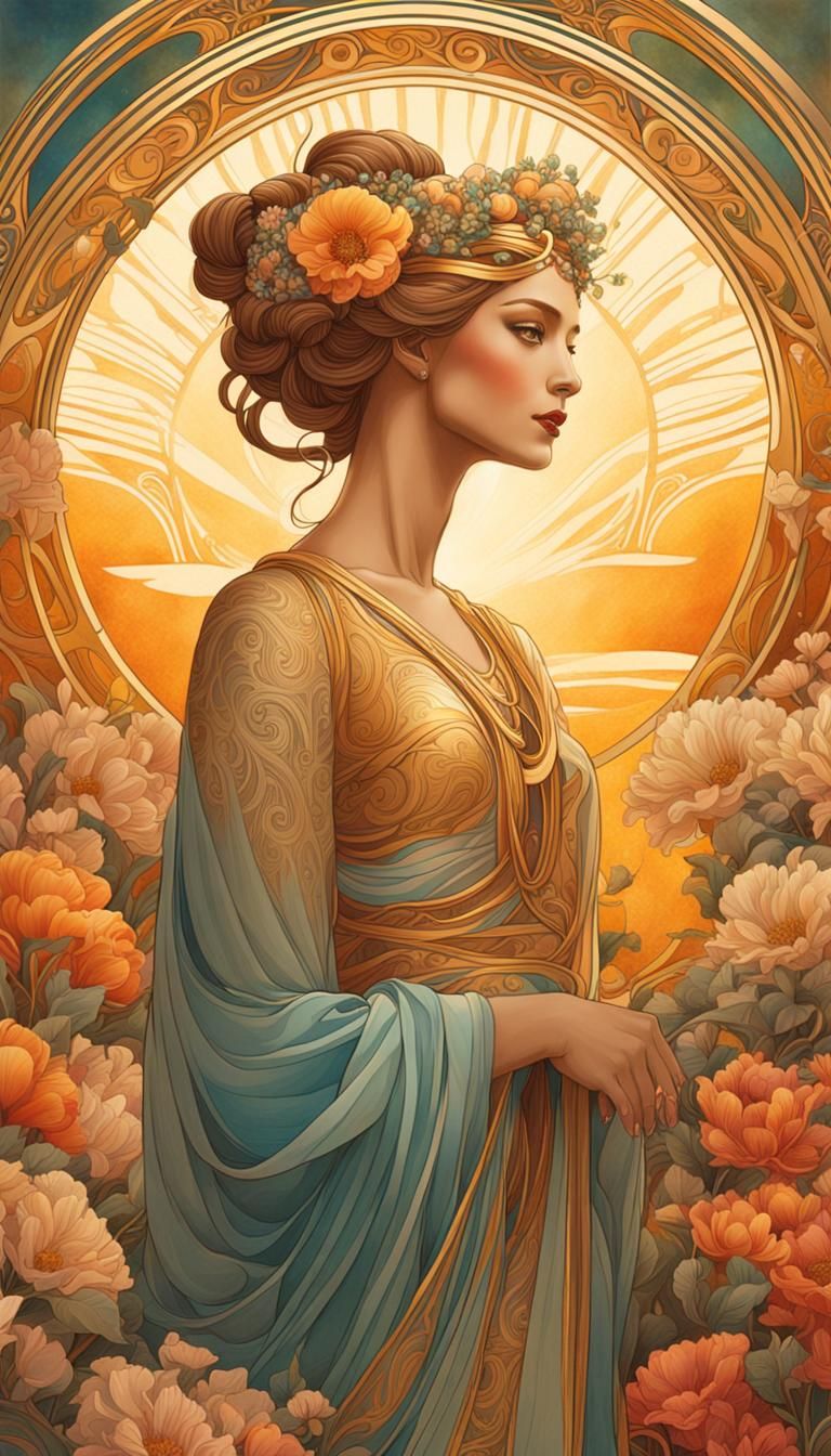 Art Nouveau Goddess with Floral Halo