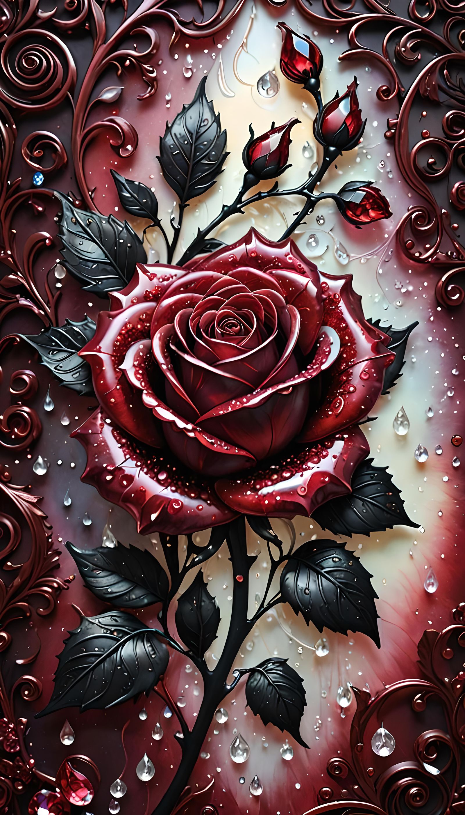 Whimsical Deep Red Metallic Rose in Opalescent Haze