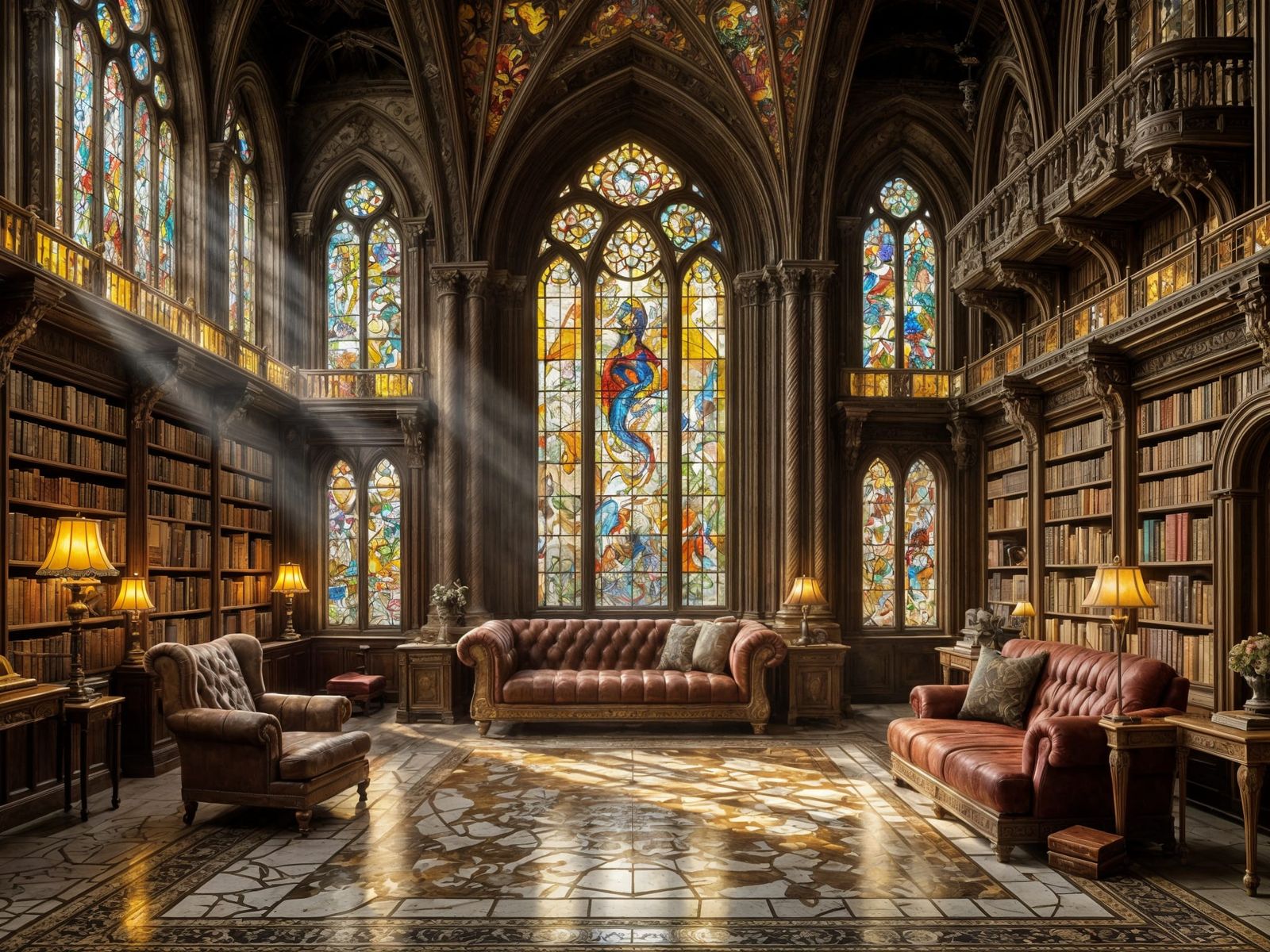 Majestic Cathedral Library with Sunlight and Mythical Creatu...