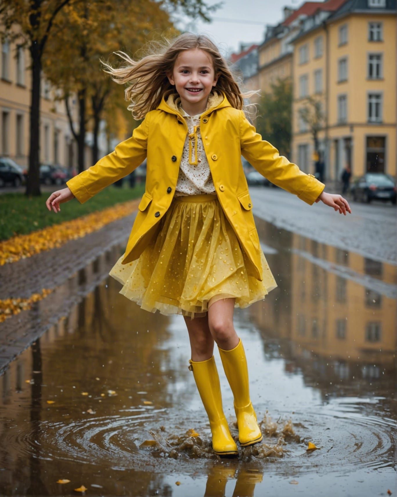 Girl in Yellow Jumping in Autumn Puddle