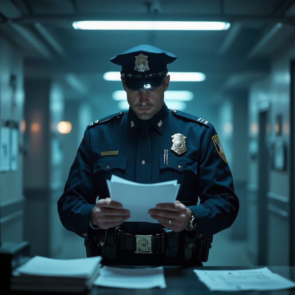 Policeman in Bank Basement: Noir Dystopian Digital Art