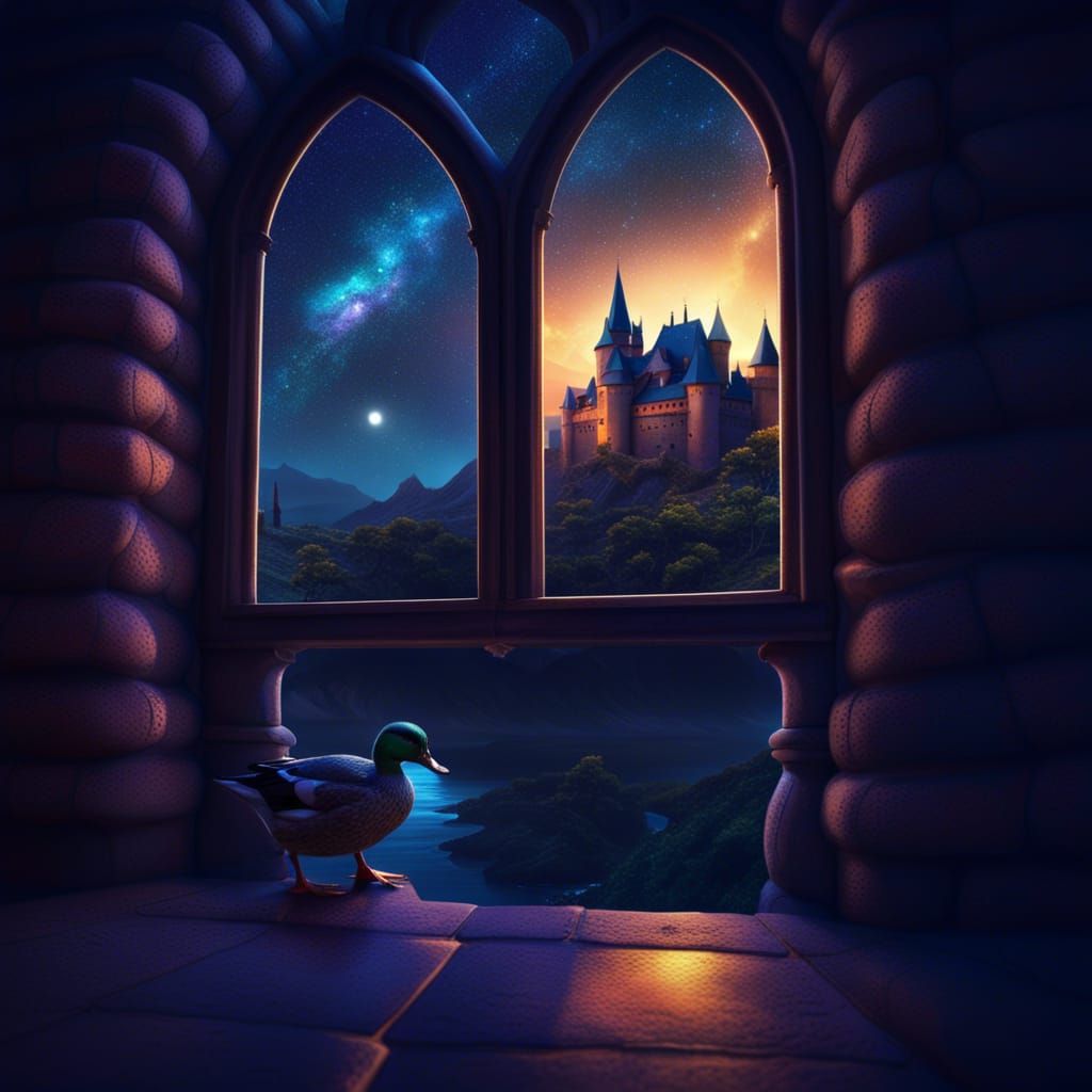 Duck Gazing at Galaxy Sky in Castle