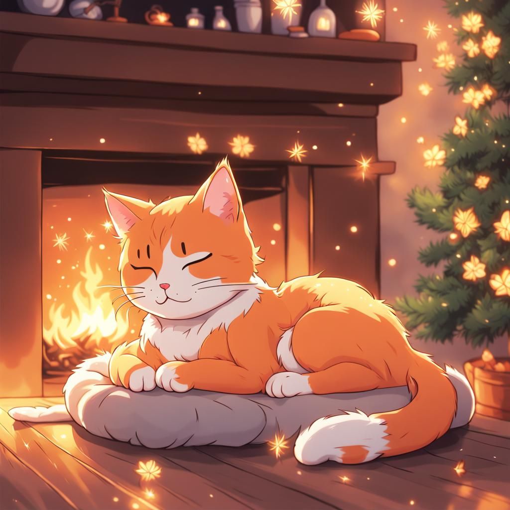 Orange Cat Sleeping: Anime Style Cozy Fireplace