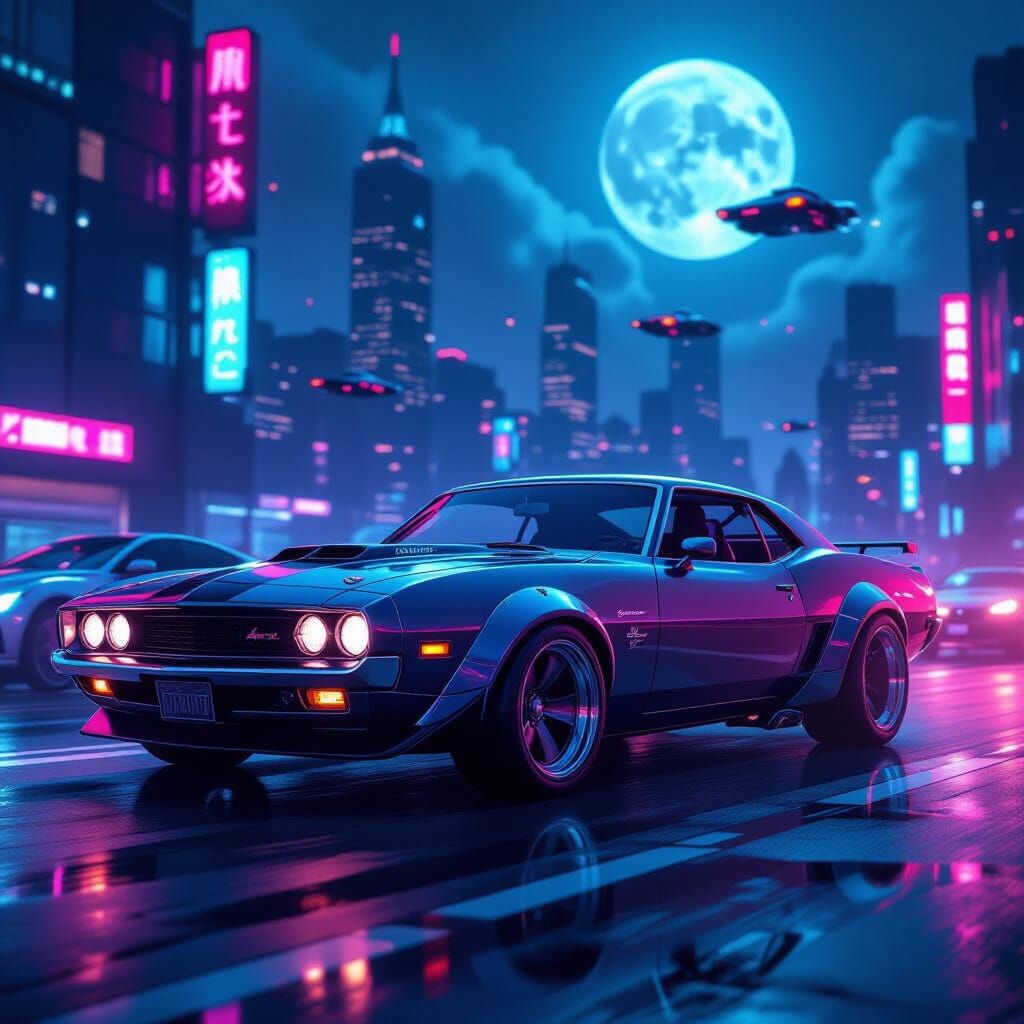 Cyberpunk American Muscle Car in Futuristic Cityscape