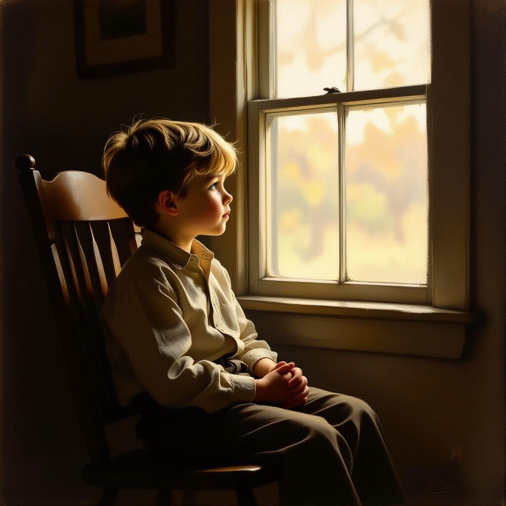 Boy Gazes From Cozy Room in Painterly Style