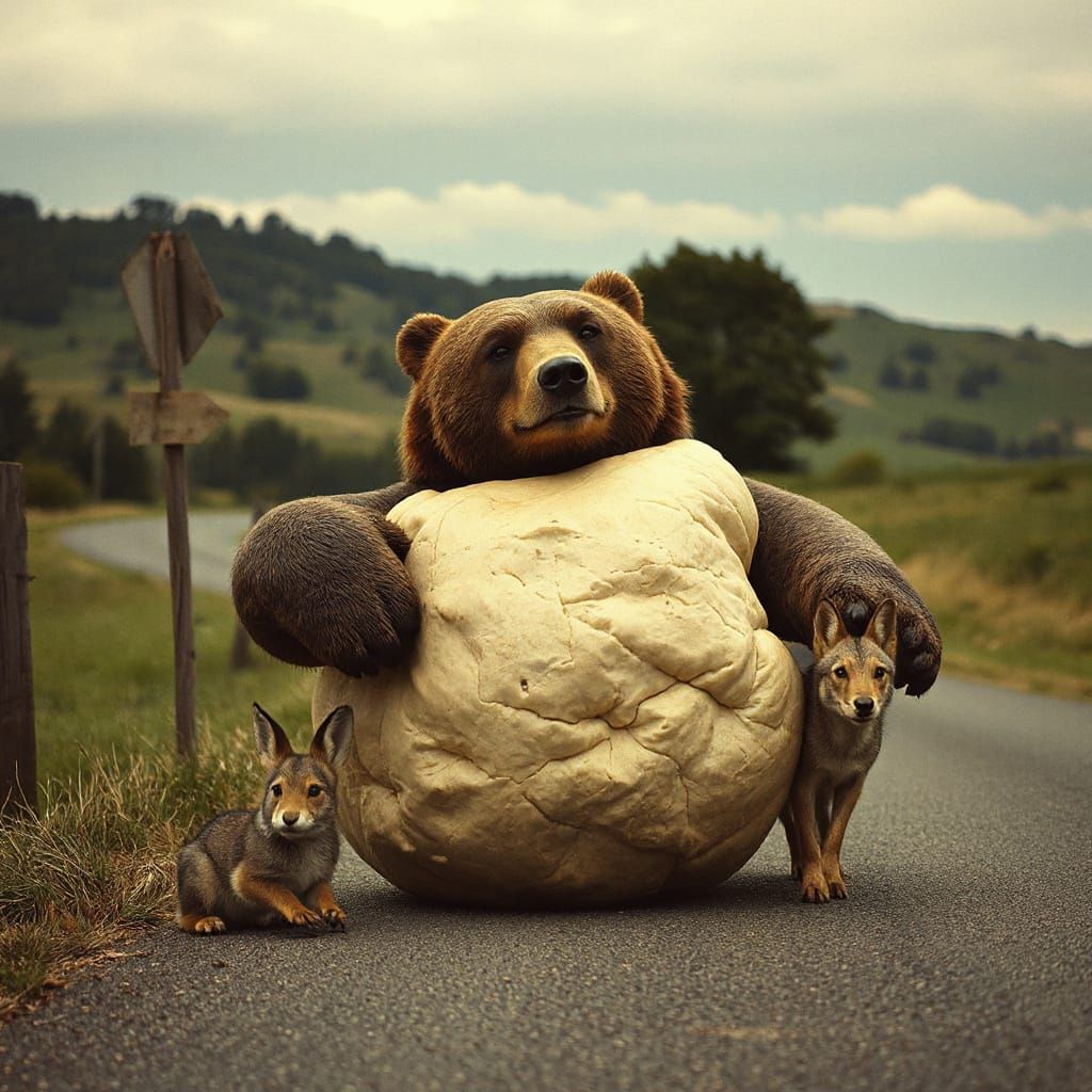 Dough Bear, Wolf, and Hare in Surreal Countryside