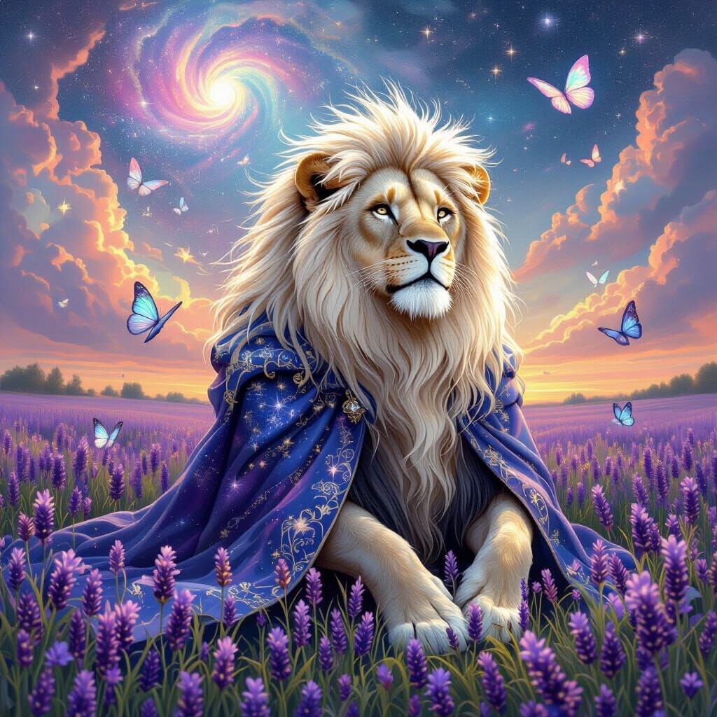 Celestial Lion in Lavender Field: Magical Realism
