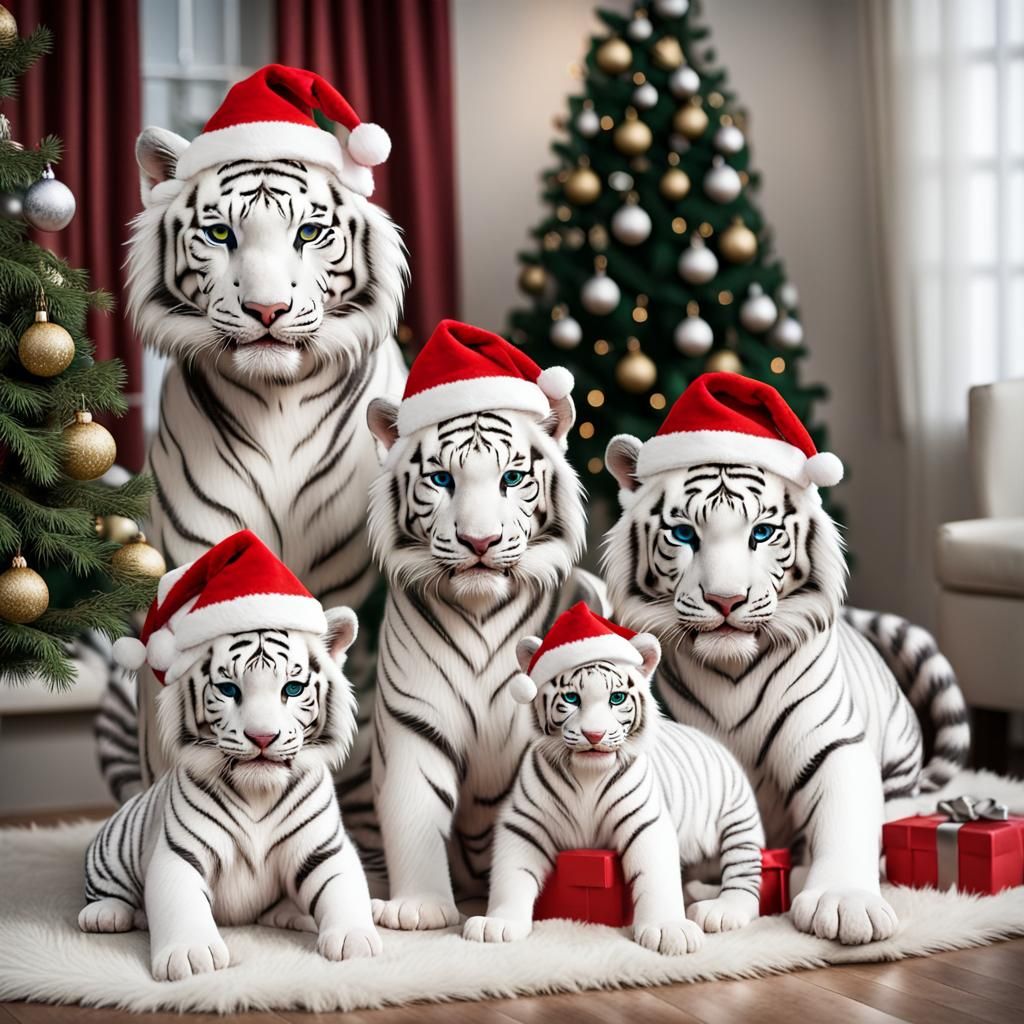 Festive White Tiger Family Christmas