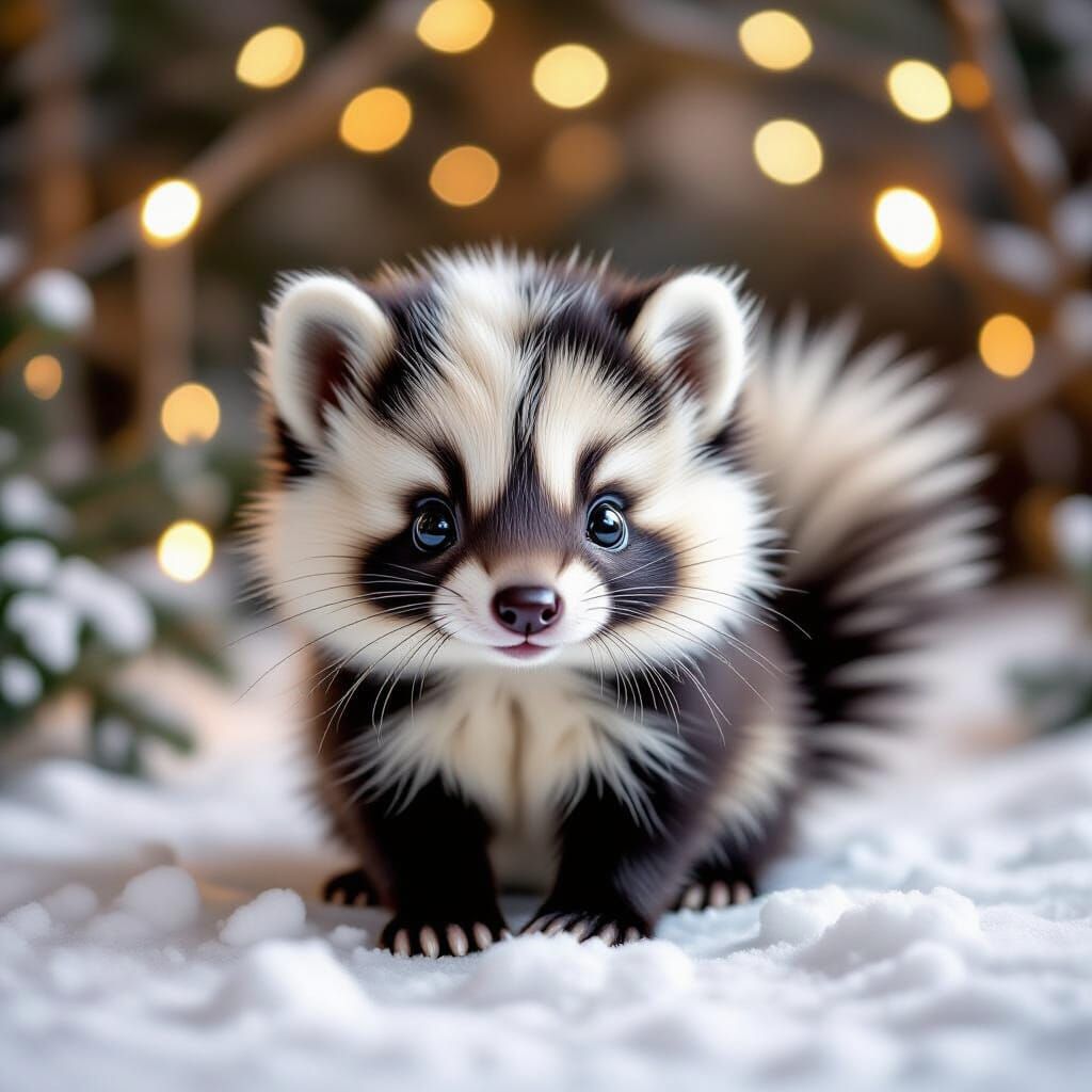 Adorable Christmas Skunk with Duckling in Winter Forest