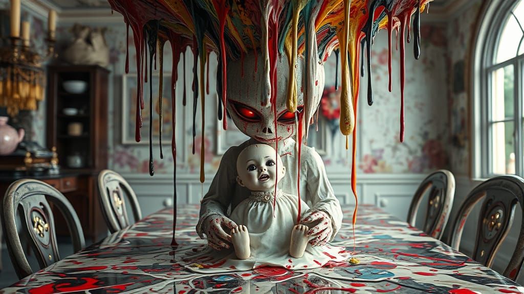 Vibrant, Textured Paint Splashes in a Sinister, Hyperrealist...