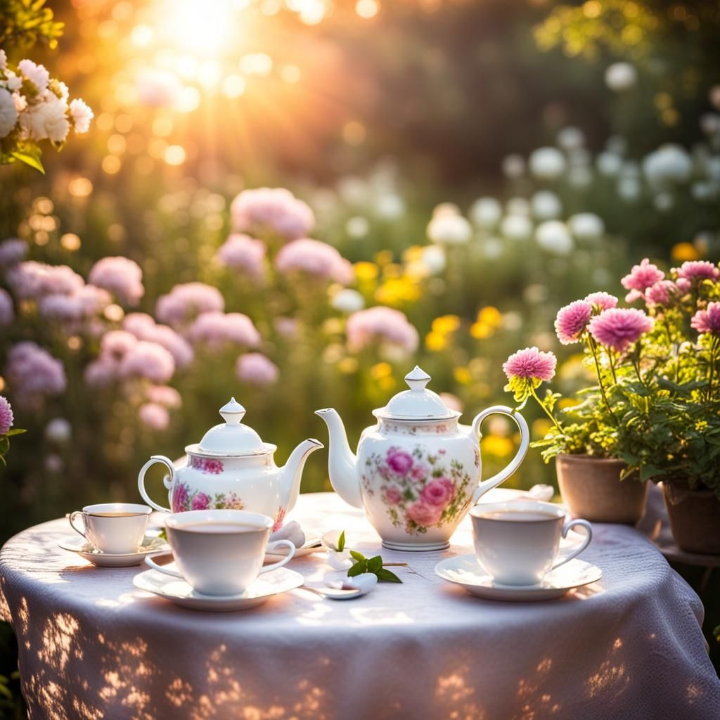 Tranquil Tea for Two in a Sunlit Flower Garden