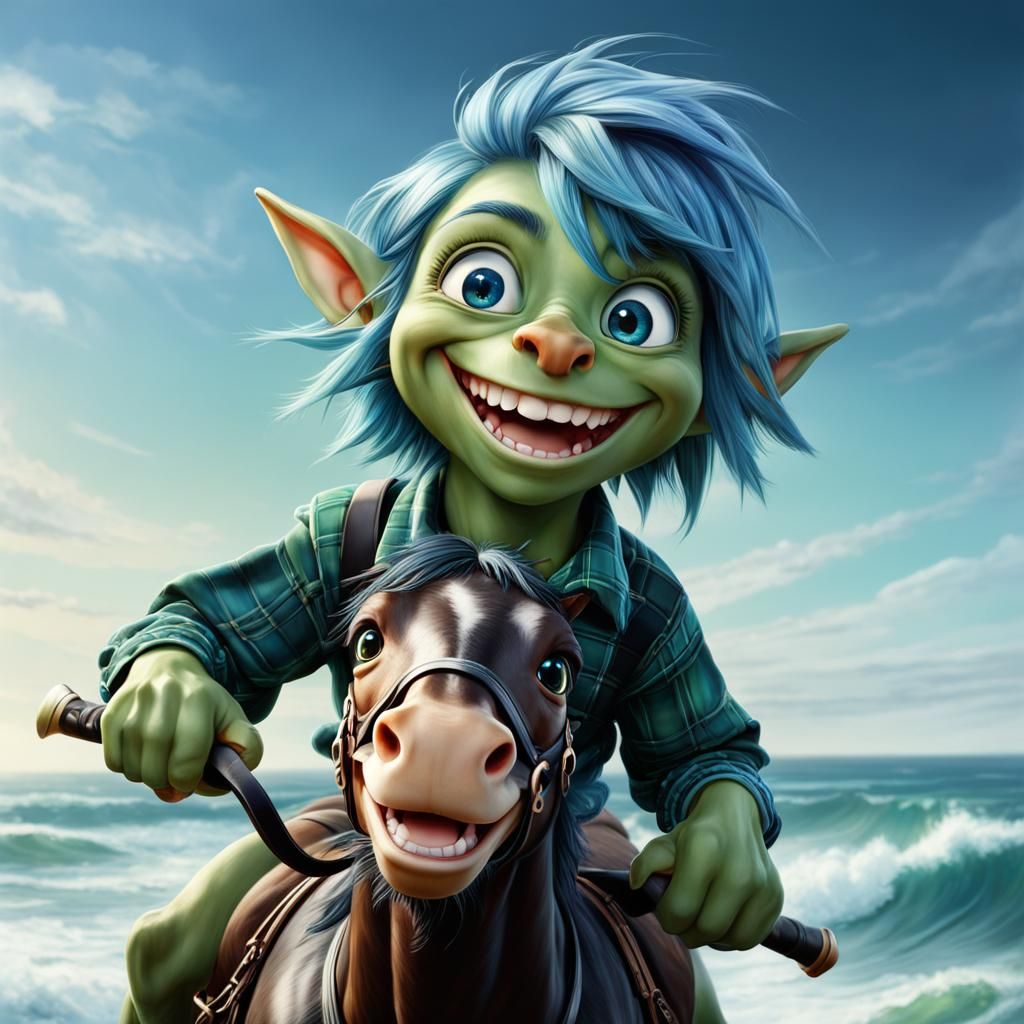 Cute Goblin Rider in Hyperrealistic Action Painting