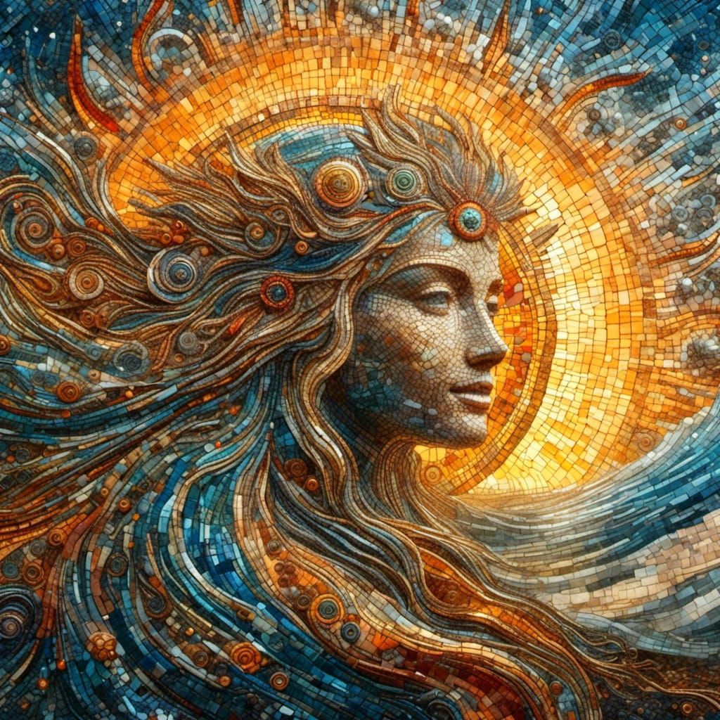 <lora:mosaicify:1.0> Mosaic of the sun intricate details. Geometric design. Vivid colors