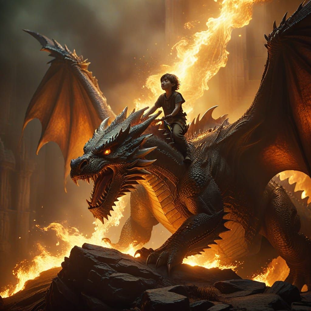 Child Rides Fire-Breathing Dragon in Cinematic Fantasy Scene