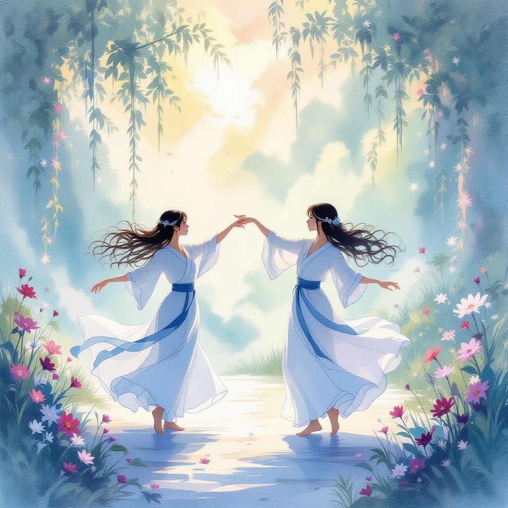 Feline Graceful Humans Dance in Luminous Gouache Landscape