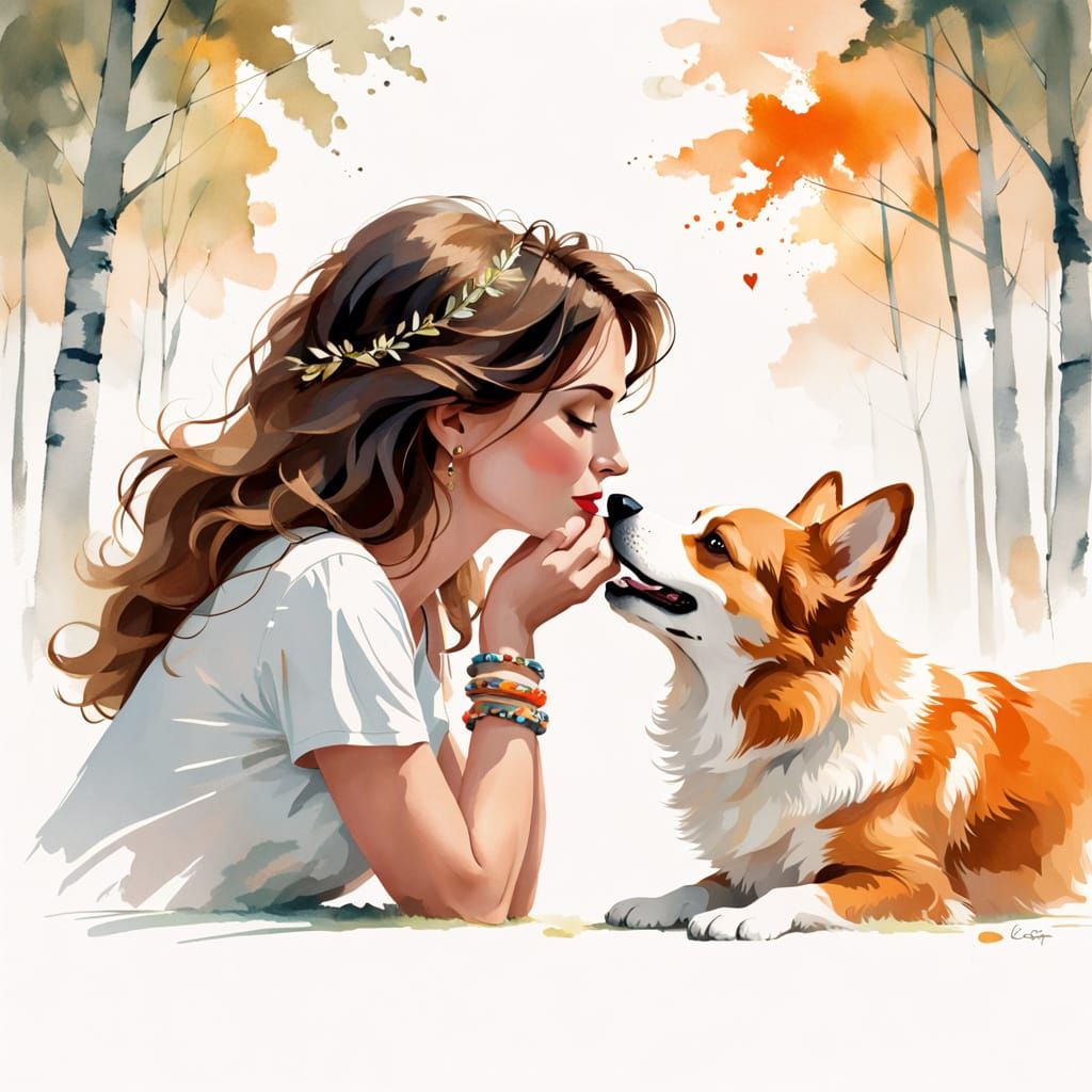 Tender Moment of a Woman and Her Corgi in Dreamy Fashion Ske...