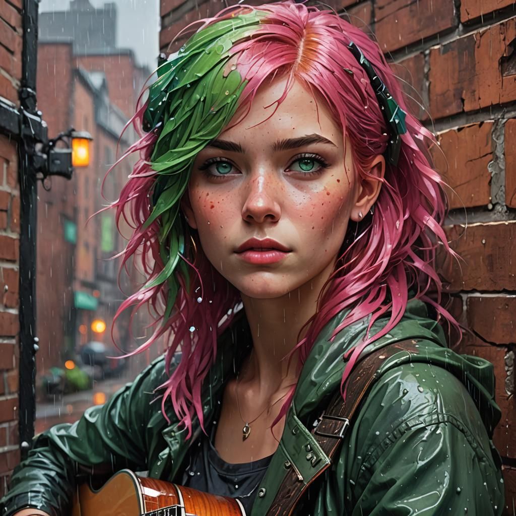 Vivid Portrait of Woman Playing Guitar