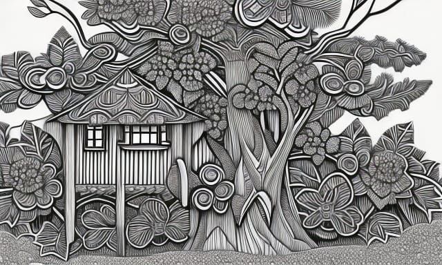 Intricate Treehouse Coloring Page in Detailed Lineart