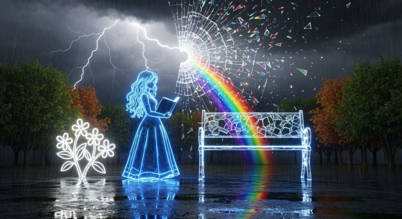 Blue Glowing Girl Holds Radiant Rainbow Shards
