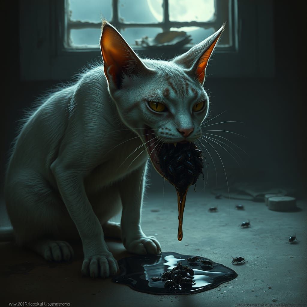 Eerie Feline Expectorating Insect Hairball: Dark Fantasy Sce...