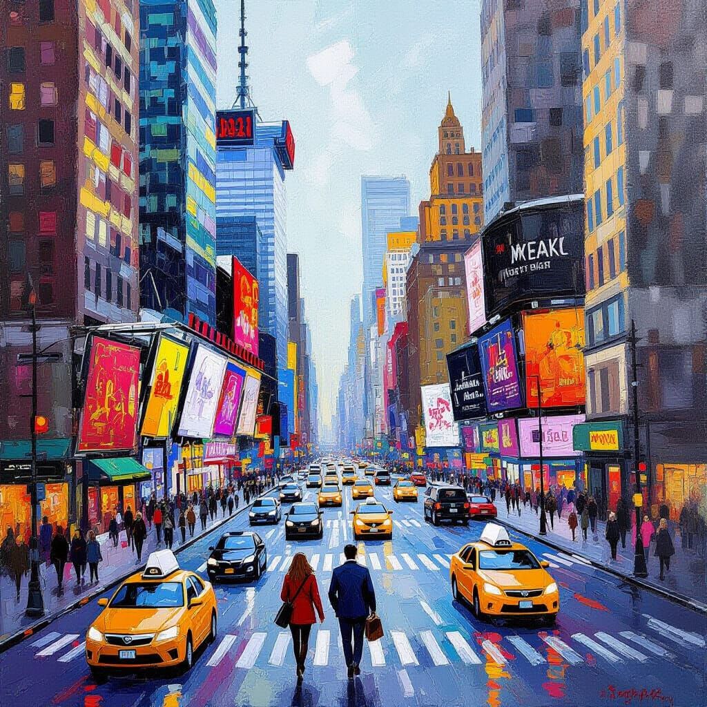 Vibrant New York City Street Scene in Gouache Style