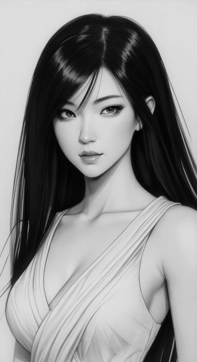 Ink Sketch Portrait of Japanese Girl in White Dress