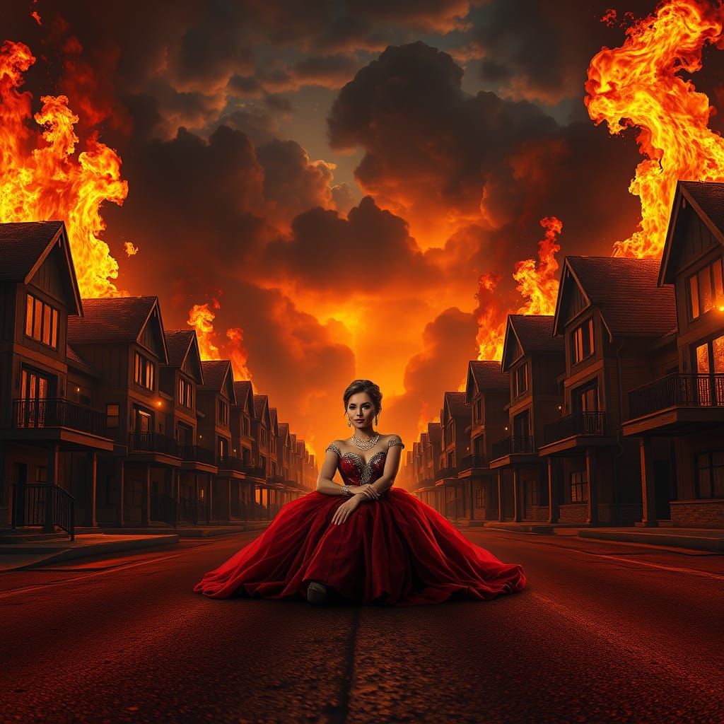 Elegant Woman Amidst Burning Metropolis