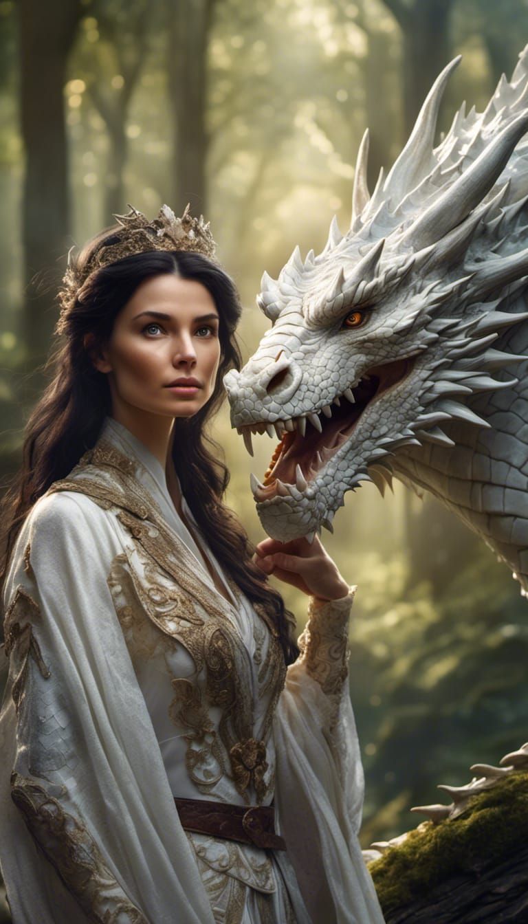 Woman and White Dragon in Realistic Photo