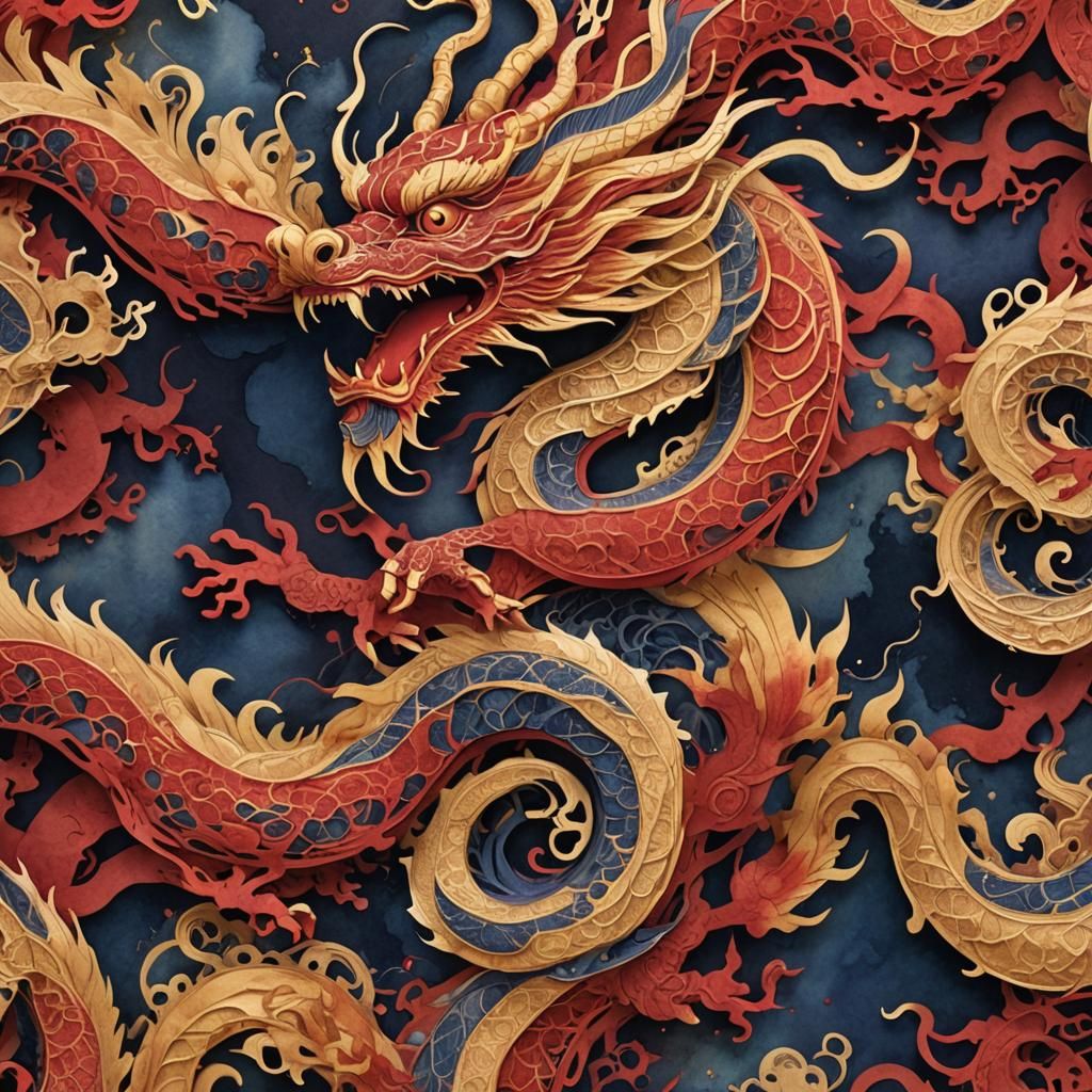 Majestic Dragon in Papercut Style With Gold Mist