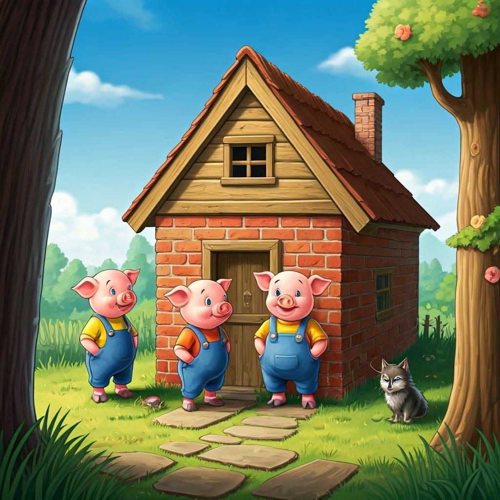 Three Little Pigs Build Bricked Homes with Happy Wolf Pet