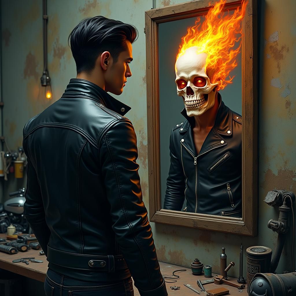 Fiery Reflection: Ghost Rider in Gothic Style