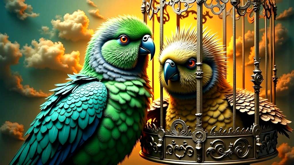 Gothic Bird Cage with Colorful Birds in Steampunk Style