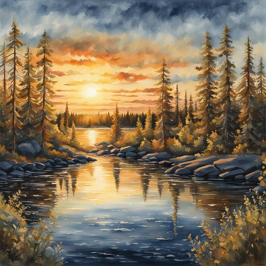 Lapland Midnight Sun Watercolor Painting in 8K