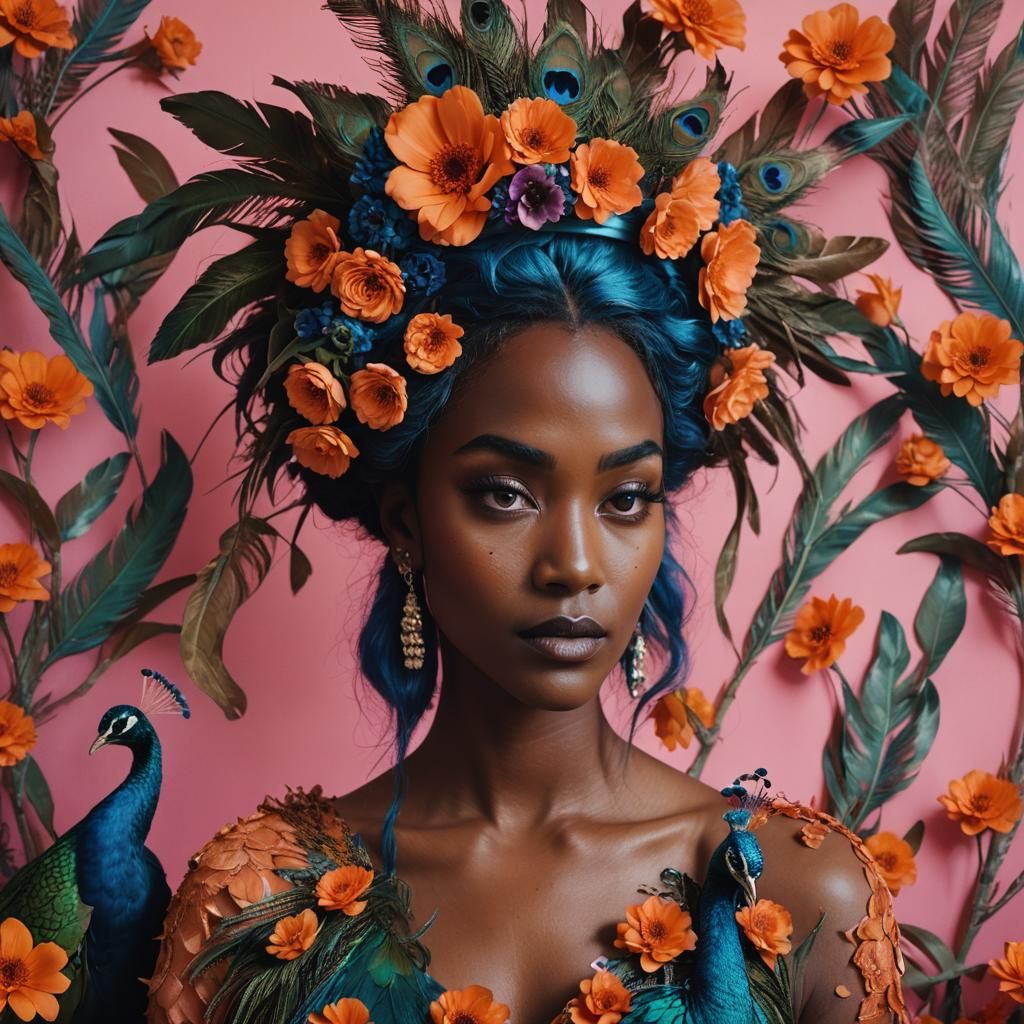 Majestic Woman with Peacock Feathers in Hollywood Style