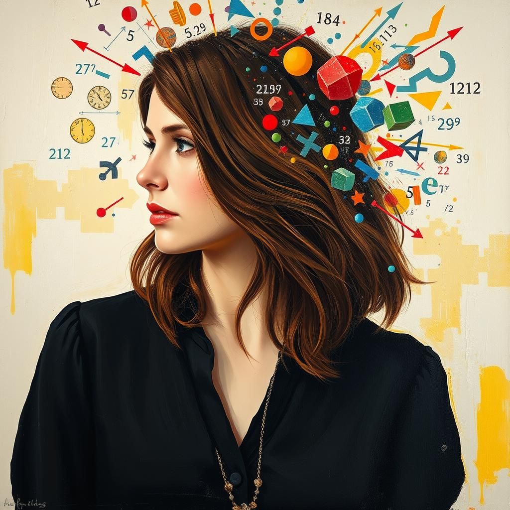 Woman's Mind Exploding with Math, in Expressionist Style
