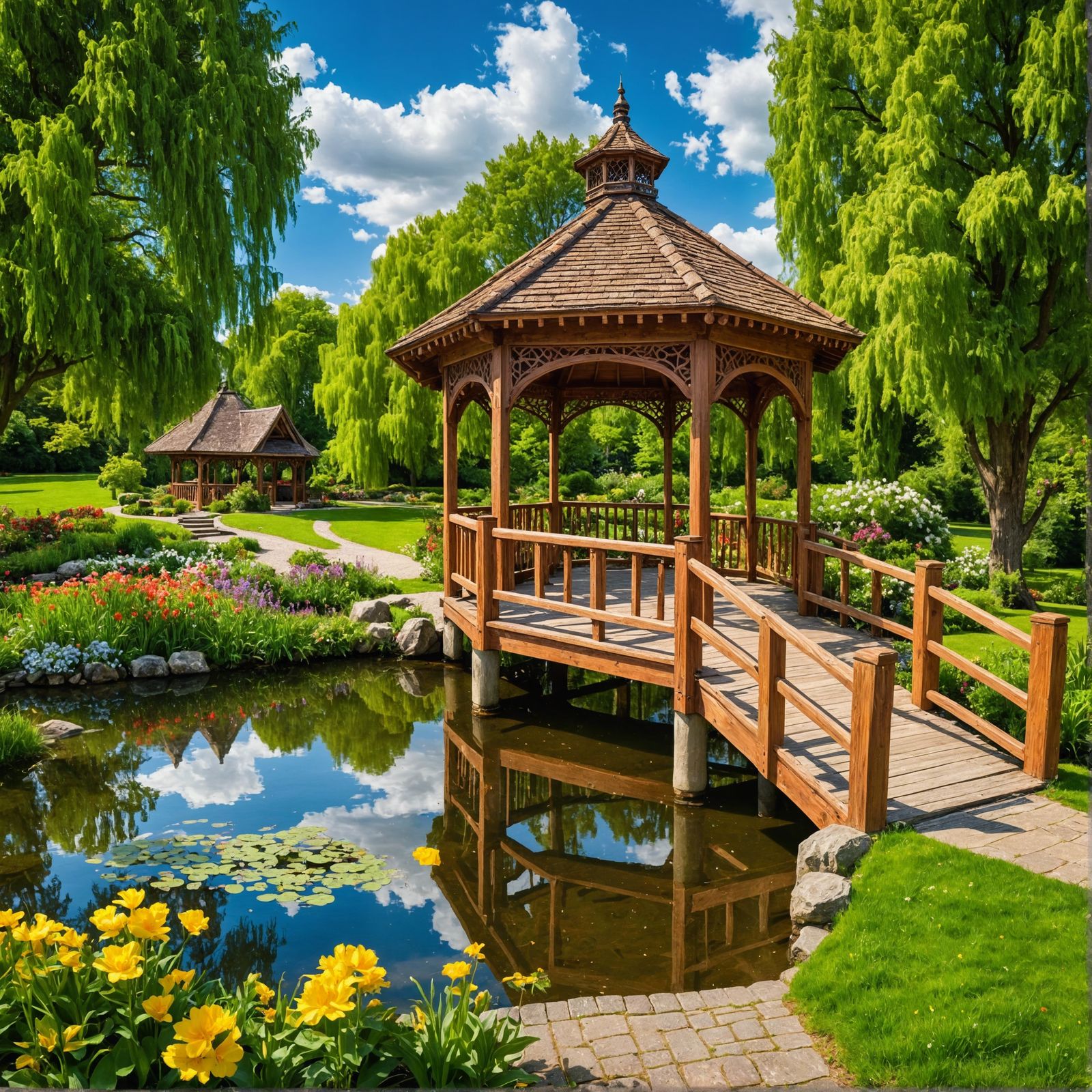 Picturesque Gazebo and Bridge in a Lush Garden