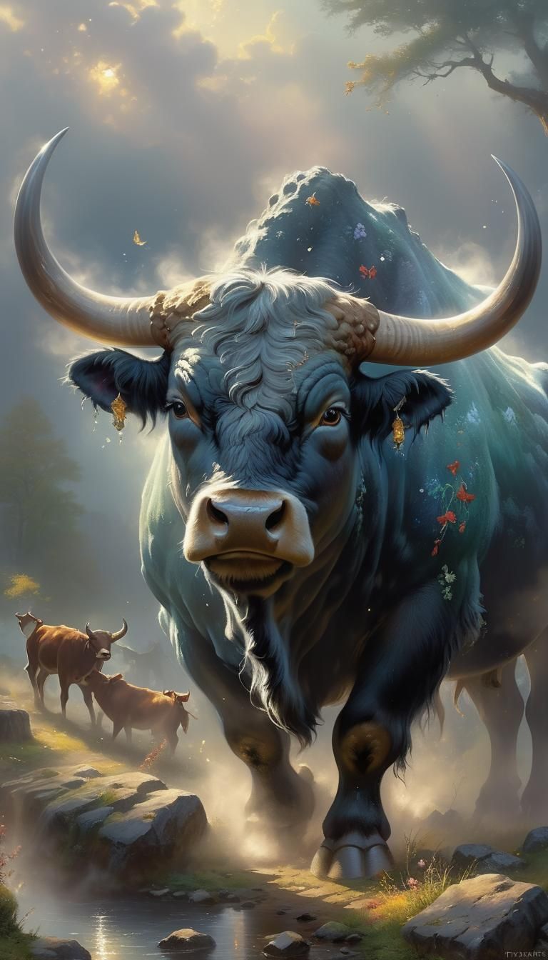 Ethereal Blue Ox in a Hyperdetailed Fantasy Landscape