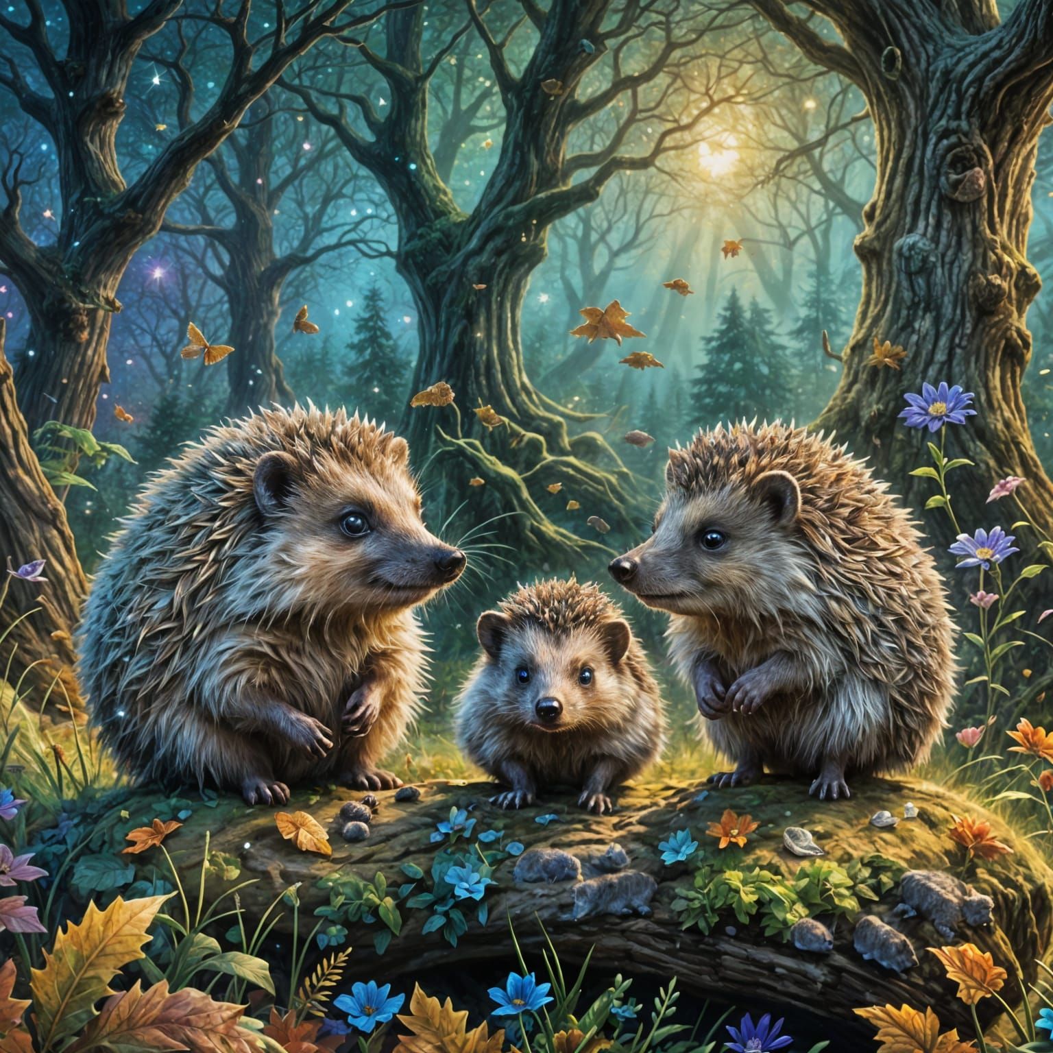 Hedgehogs Under Oak: Cosmic Astral Illustration