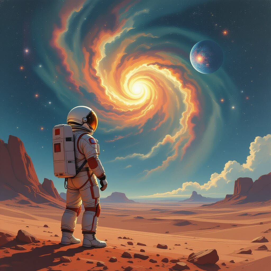 Astronaut on Desolate Planet Gazing at Nebulae