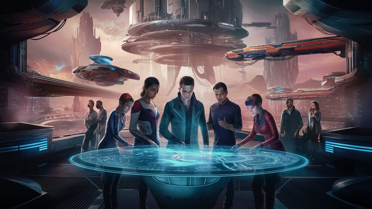 Futuristic Sci-Fi Cityscape with Holographic Table