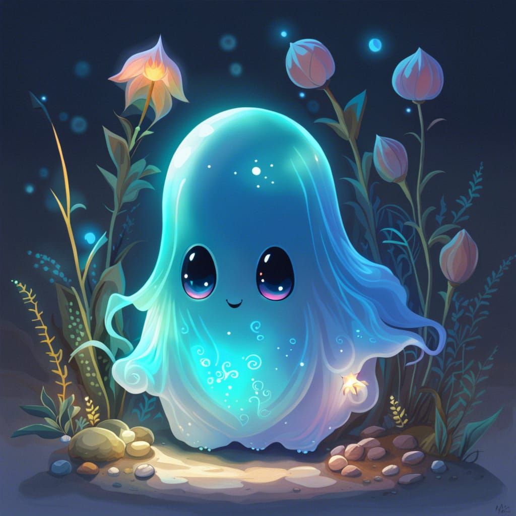 Cute Chibi Ghost in Dreamy Bioluminescent Setting